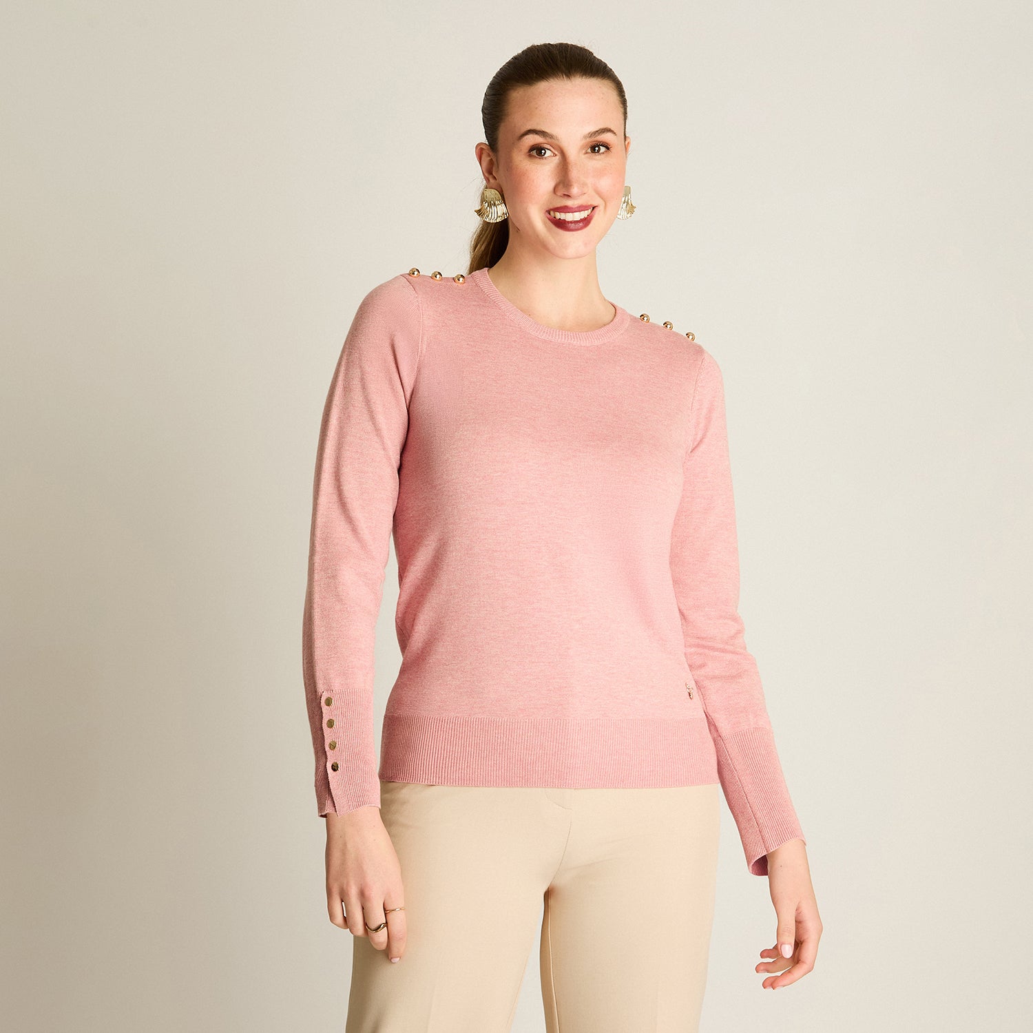 Sweater Rosado Manga Larga Elasticidad Media Sin Forro Calce Normal Tela Tejido